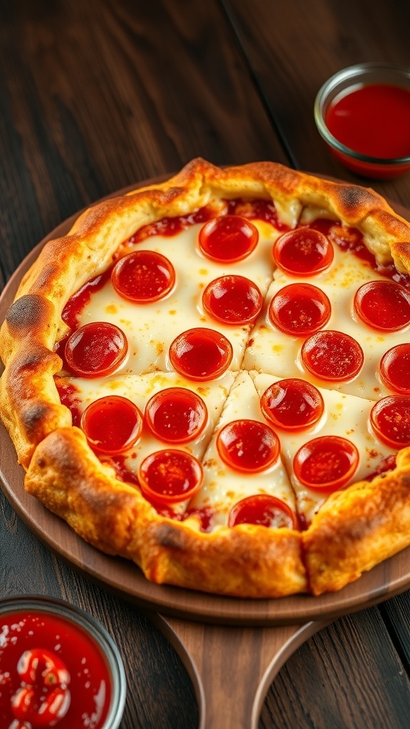 Crust Volcano Pizza with stuffed cheese crust, topped with pepperoni and mozzarella, on a wooden table with marinara sauce.